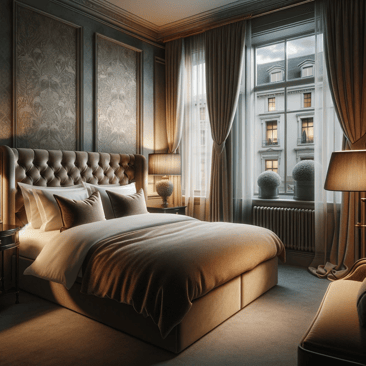 A cozy bedroom with a comfortable bed and a window offering a view of the outside world.