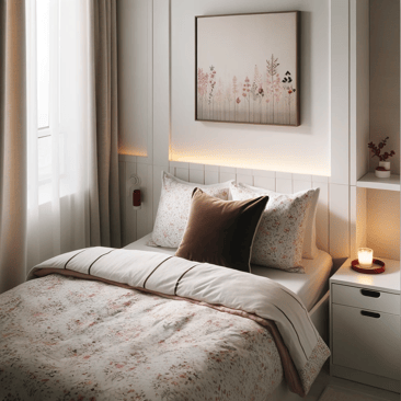 Interior of bedroom featuring bed, nightstand, and painting.