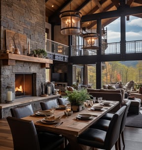 The indoor and outdoor dining amenity of a mountain cabin near Waynesville, North Carolina