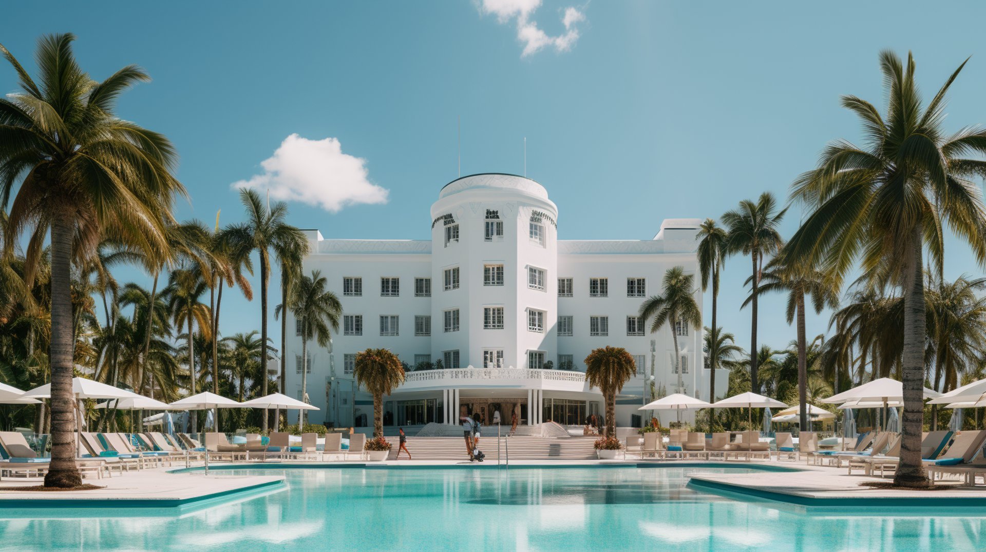 Art Deco hotel in Miami with pastel colors, geometric shapes, and palm trees in the background
