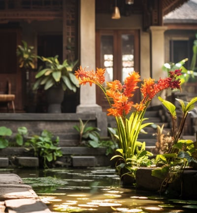 A vibrant tropical garden with colorful water lilies and lush plants, creating a serene and exotic atmosphere.