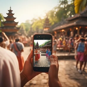A man capturing a photo of a temple in Bali, Indonesia, showcasing intricate architecture and cultural significance.