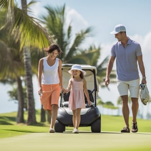 A family walking on a golf course with a cart, enjoying a sunny day outdoors.