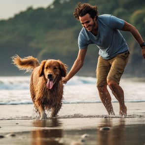 A man and his dog playing fetch on the sandy beach, with waves crashing in the background.