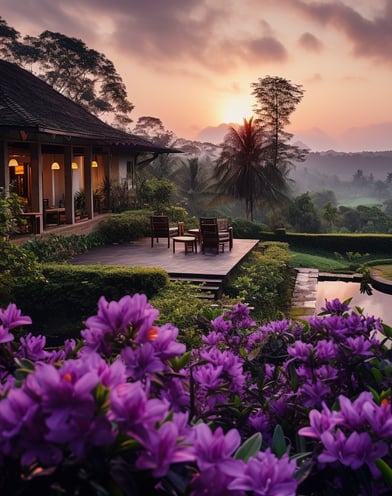 A stunning sunrise illuminates the lush garden of a luxury resort in Thailand, showcasing nature's beauty and tranquility. A stunning sunrise illuminates the lush garden of a luxury resort in Thailand, showcasing nature's beauty and tranquility.
