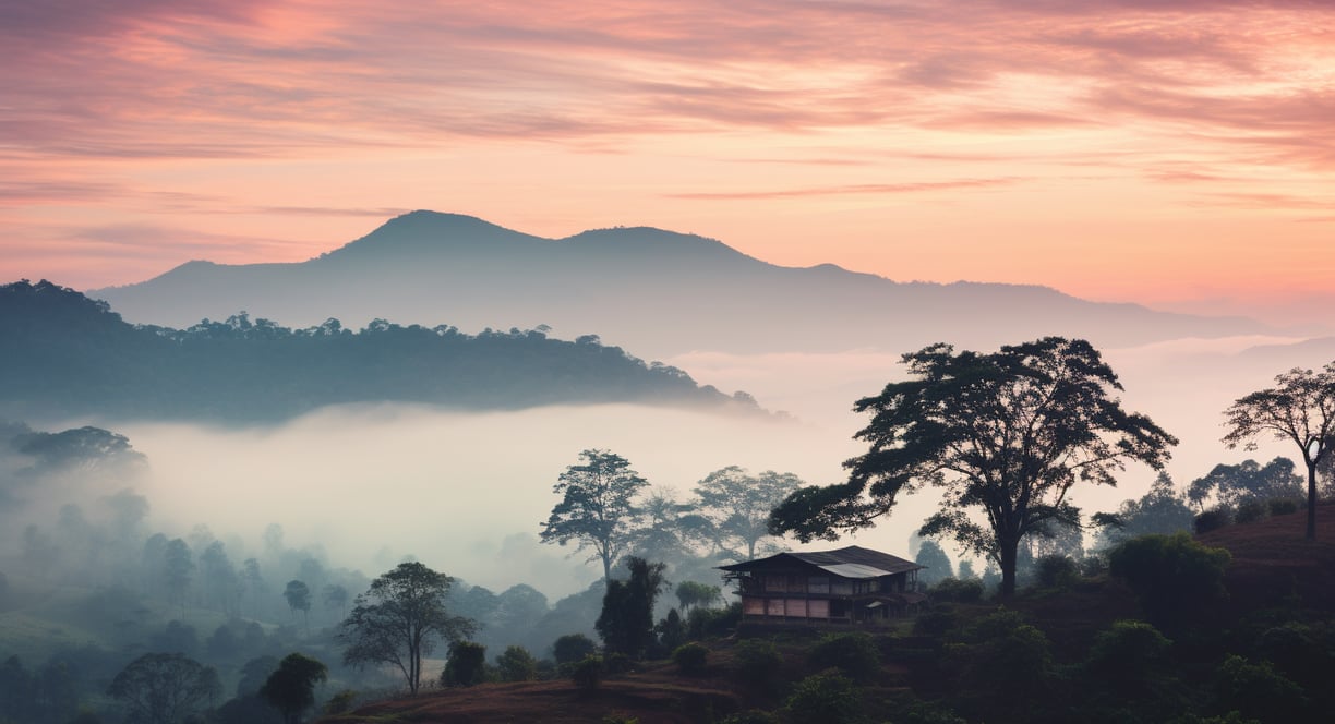 A serene mountain house enveloped in fog, surrounded by lush trees, showcasing the tranquility of Coorg Hills Resort. A serene mountain house enveloped in fog, surrounded by lush trees, showcasing the tranquility of Coorg Hills Resort.