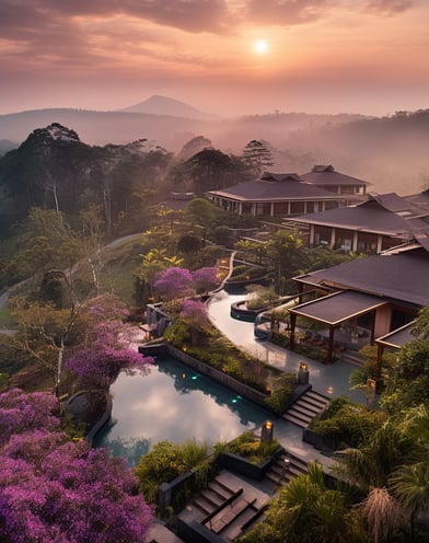 A serene resort nestled among lush trees, illuminated by a stunning sunset, showcasing luxury and tranquility in Coorg. A serene resort nestled among lush trees, illuminated by a stunning sunset, showcasing luxury and tranquility in Coorg.