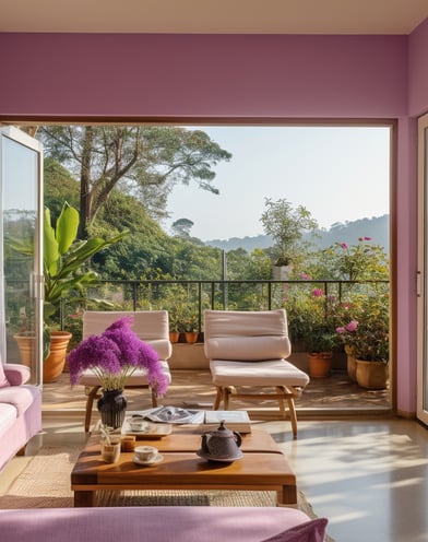 A luxurious living room featuring purple walls and a balcony, embodying calm and elegance at Coorg Hills Resort. A luxurious living room featuring purple walls and a balcony, embodying calm and elegance at Coorg Hills Resort.