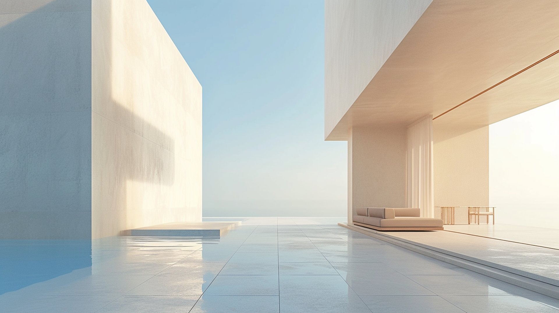 a white pool with a large window and a couch