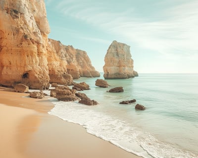 a beach with a cliff and a body of water