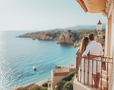 a couple standing on a balcony with a view of the ocean