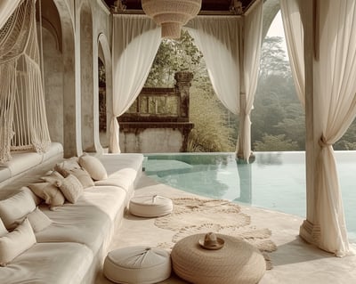 a couch with pillows next to a pool
