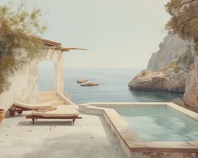 a pool with a lounge chair and a view of the ocean