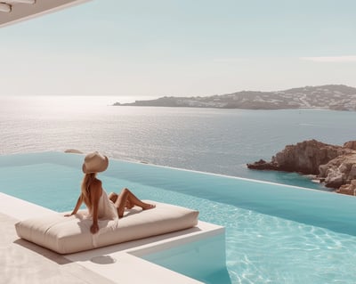 a woman sitting on a couch in front of a pool