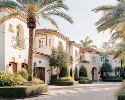 a large house with a driveway and palm trees