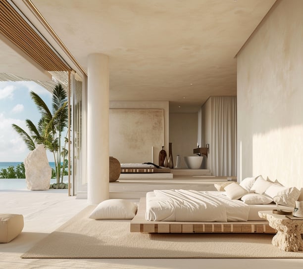 a bedroom with a bed and a couch