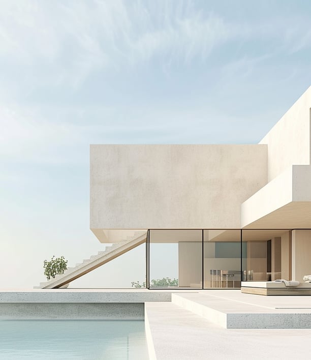 a large pool with a lounge chair and a couch