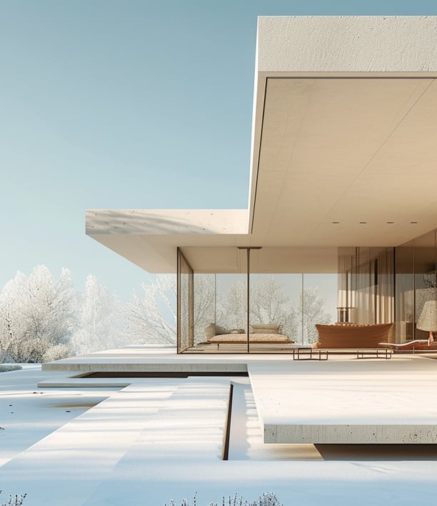 a house with a large deck with a pool and snow covered trees