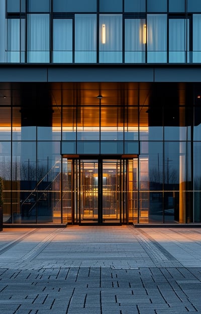 Modern hotel exterior with a sleek glass facade and clear signage, showcasing contemporary design an