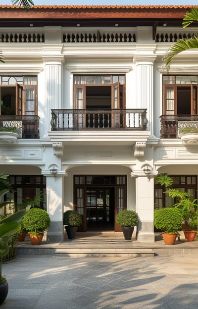 A welcoming two-story hotel building with a white facade, terracotta roof tiles, and ornate balcony