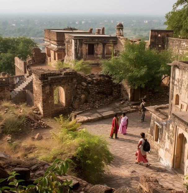 A family explores the historic ruins of Achalgarh Fort, surrounded by the lush landscape of Mount Ab
