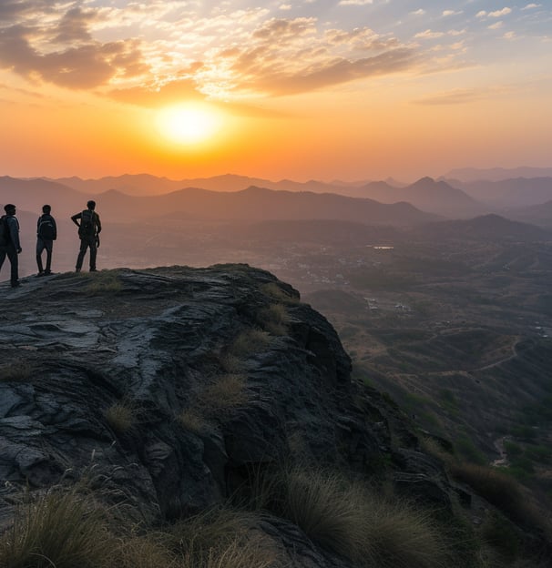 Group of friends at the summit of Guru Shikhar, celebrating their trek with the breathtaking sunrise