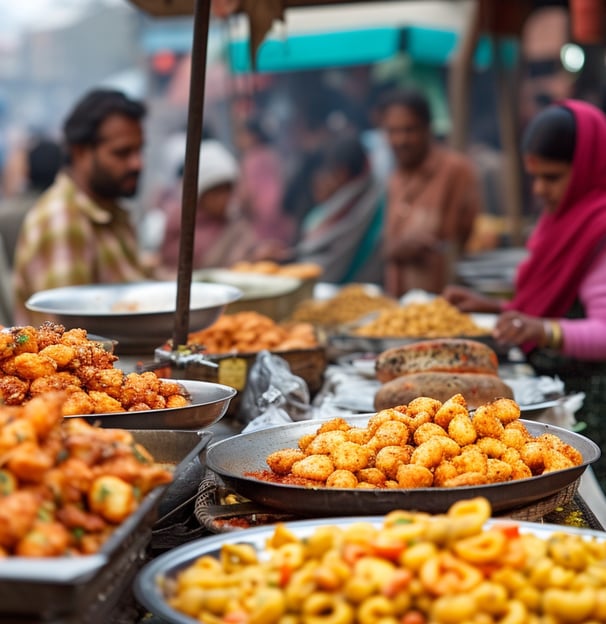 Bustling street food market in Mount Abu, with a vendor serving popular local snacks like mirchi bad