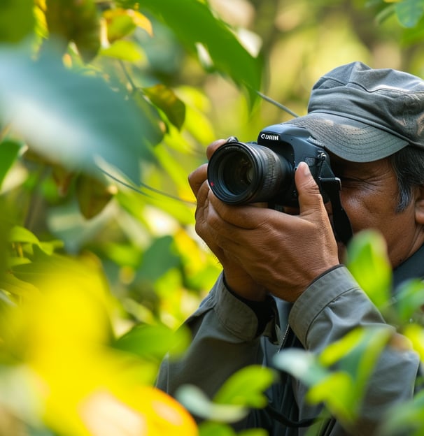 Birdwatcher capturing a photo of endemic wildlife, immersed in the lush greenery of Mount Abu Wildli