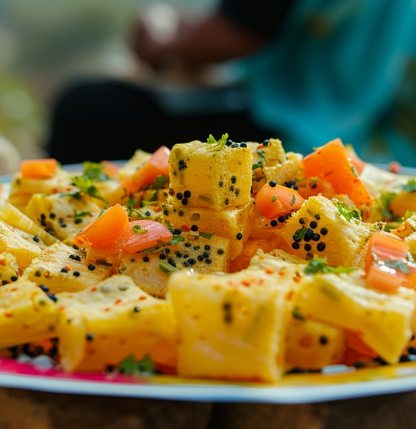 Colorful plate of Gujarati snacks, including dhokla and khandvi, ready to be enjoyed against the bac