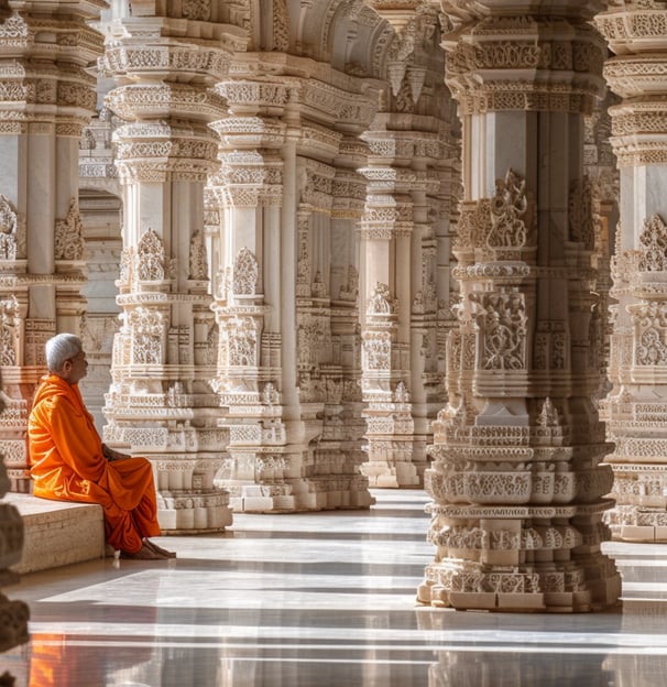 A visitor admires the intricate marble carvings of the Dilwara Temples, illuminated by the soft, nat
