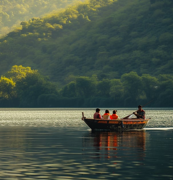 A family enjoys a serene boat ride on Nakki Lake in the early morning, surrounded by lush greenery u