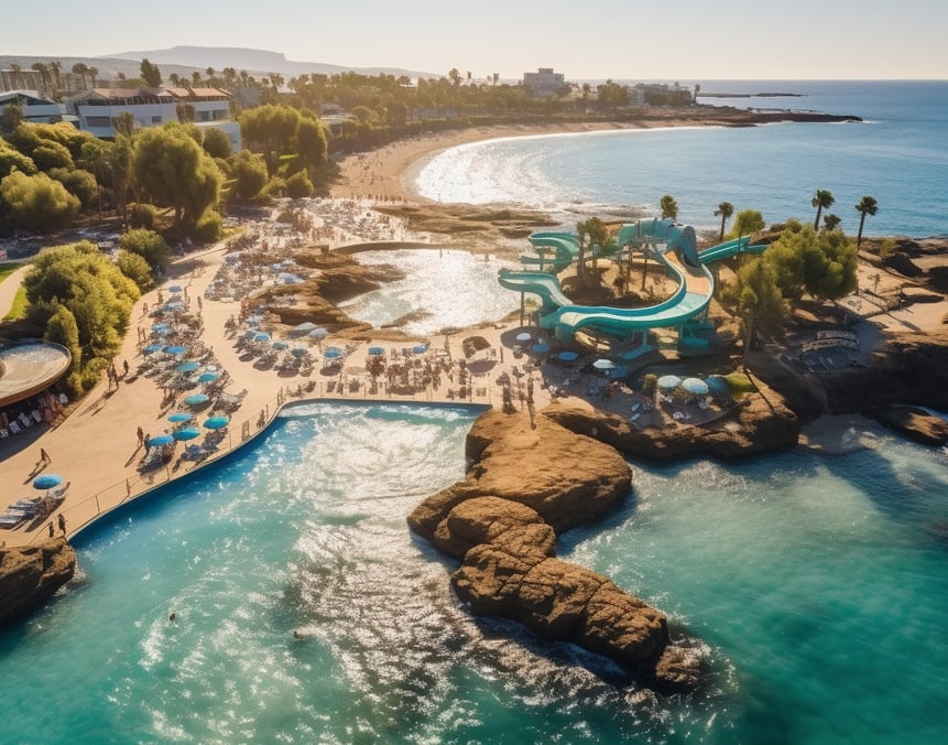An aerial view of the Star Beach Water Park in Hersonissos-Crete in Greece on a sunny day.