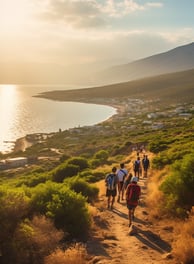 Hikers following a trail in the early morning in Hersonissos-Crete, Greece. Hikers following a trail in the early morning in Hersonissos-Crete, Greece.
