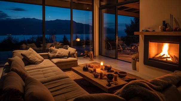 the interior of a living room in a home rental in Hersonisson in greece during nighttime..