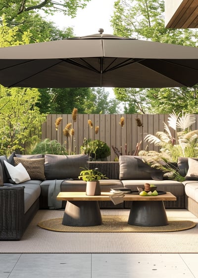 a patio with a couch and umbrella umbrella