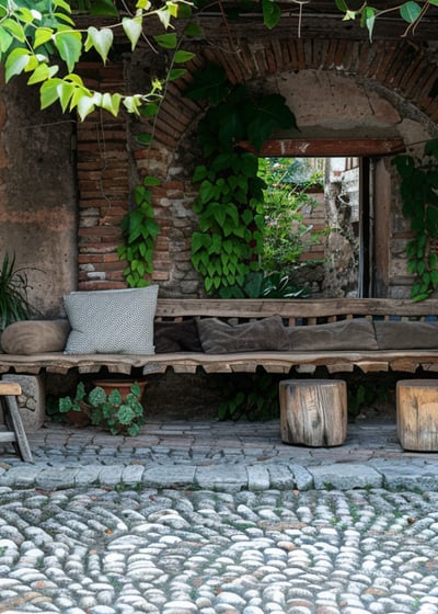 a patio with a couch and umbrella umbrella