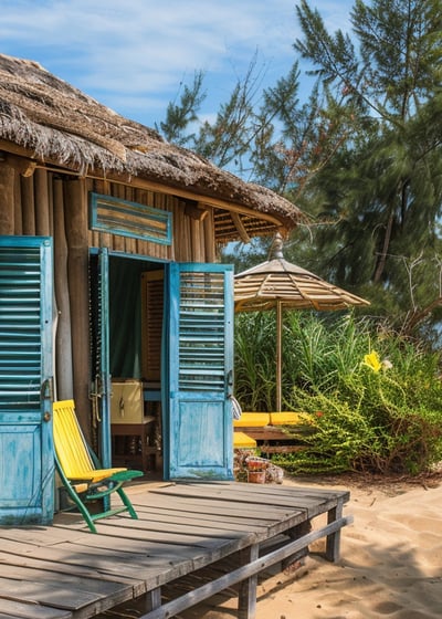 a beach hut with chairs and umbrellas