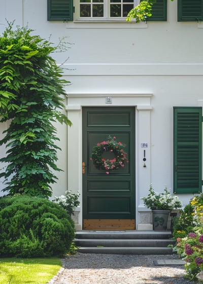 a house with green shutter shutters and a green door