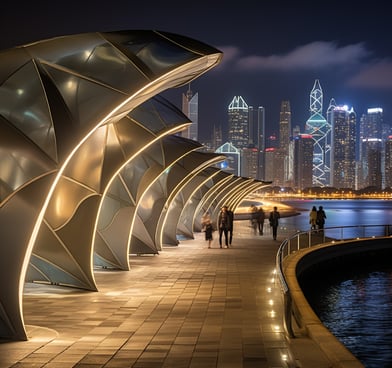 a harbor walk with futuristic sculptures along Hong Kong's waters