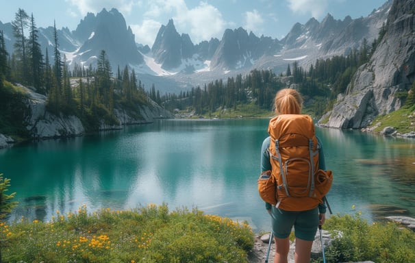 a woman standing in front of a lake with a backpack a woman standing in front of a lake with a backpack