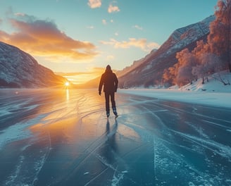 a person skating on a frozen lake during a sunset a person skating on a frozen lake during a sunset