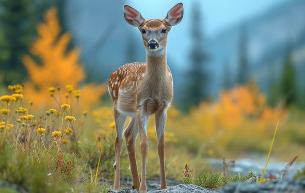 a doe standing in a field with the Rockies in the background