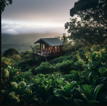 Small hut on a mountain cliff with lush greenery and cloudy weather in front. Small hut on a mountain cliff with lush greenery and cloudy weather in front.