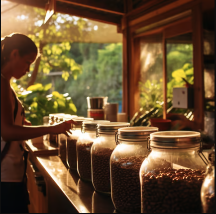 Girl filling a glass jar with coffee beans in golden sunlight.