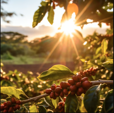 Sunshine on a coffee tree with coffee beans.