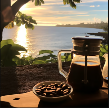 Cup of coffee and coffee beans by a lake with sun reflecting on the water.
