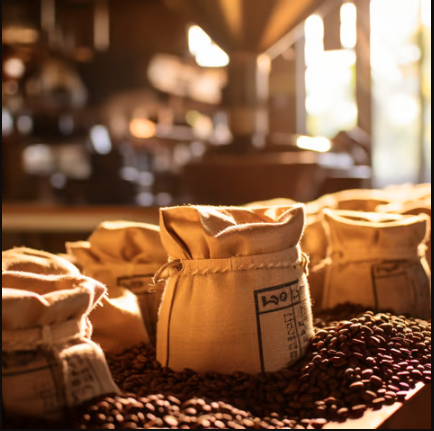 Table of coffee beans being packaged.