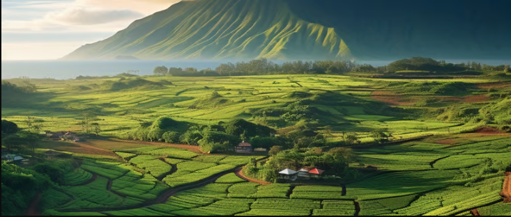 Lush green valley landscape with rolling hills and vibrant vegetation.