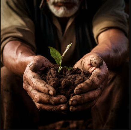 Old man holding a small coffee plant with green leaves.