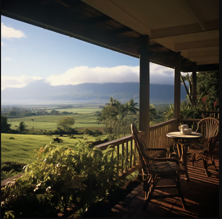 Balcony with chairs overlooking a lush green landscape.